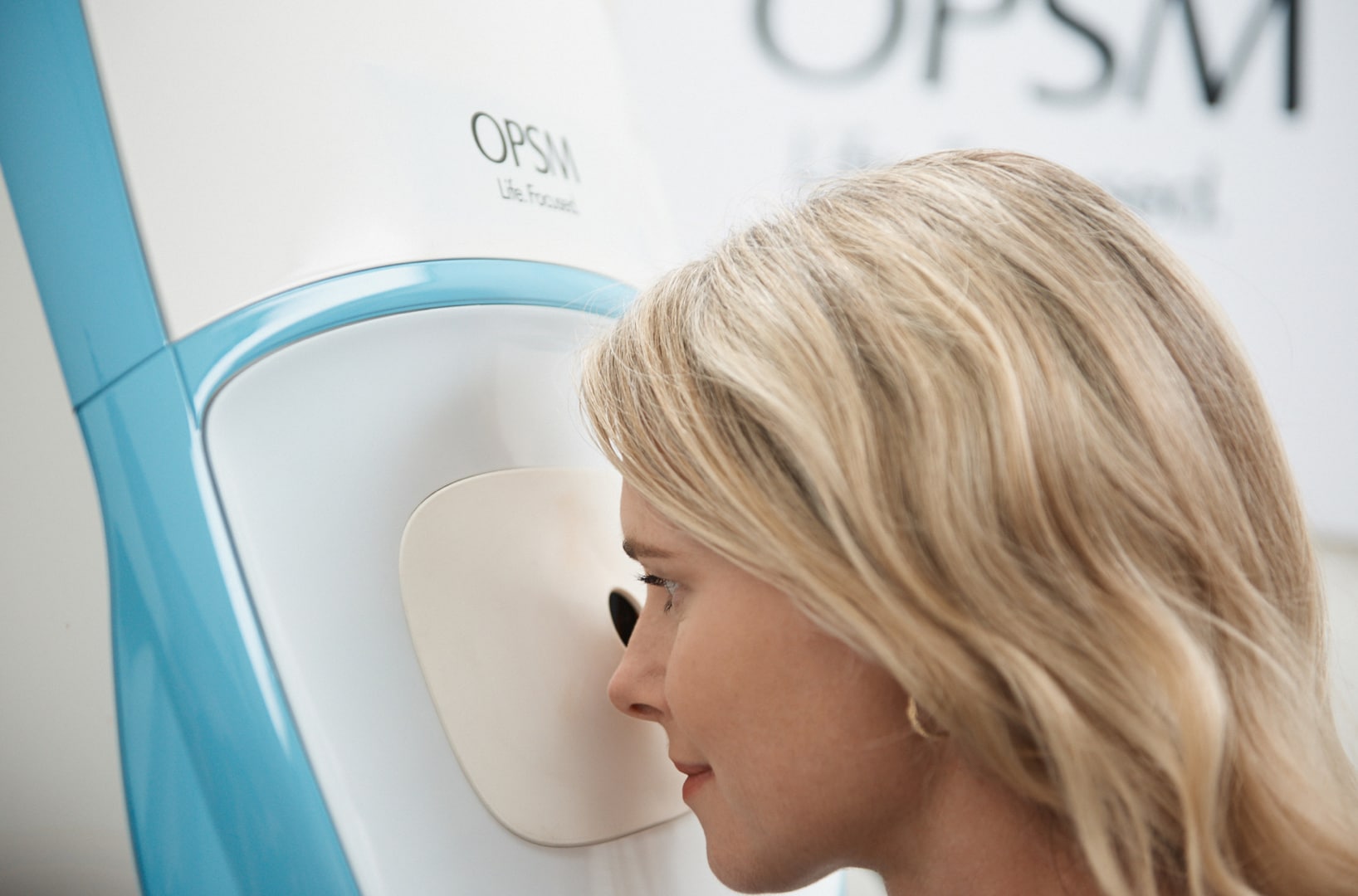 A patient during an eye examination with an advanced technology.